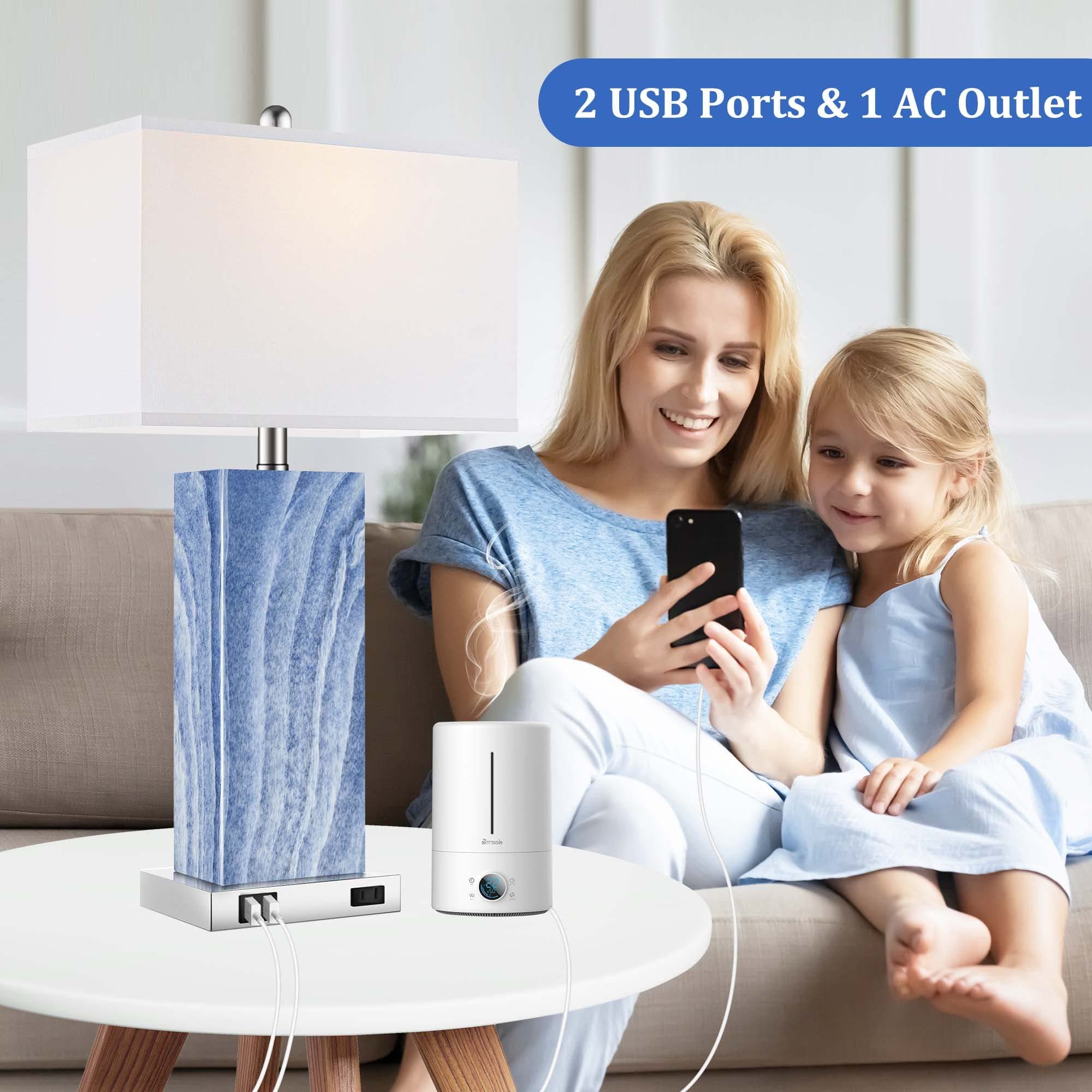 Blue Touch nightstand lamps USB and AC outlet detail