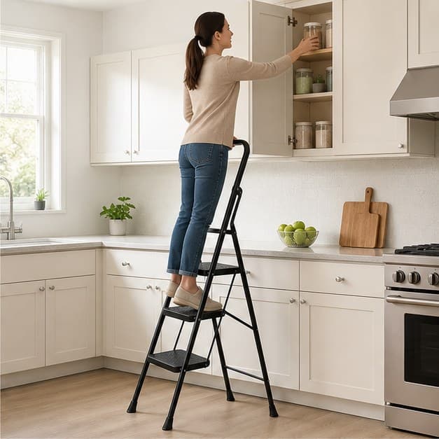DUMOS three-step ladder sturdy kitchen reach detail