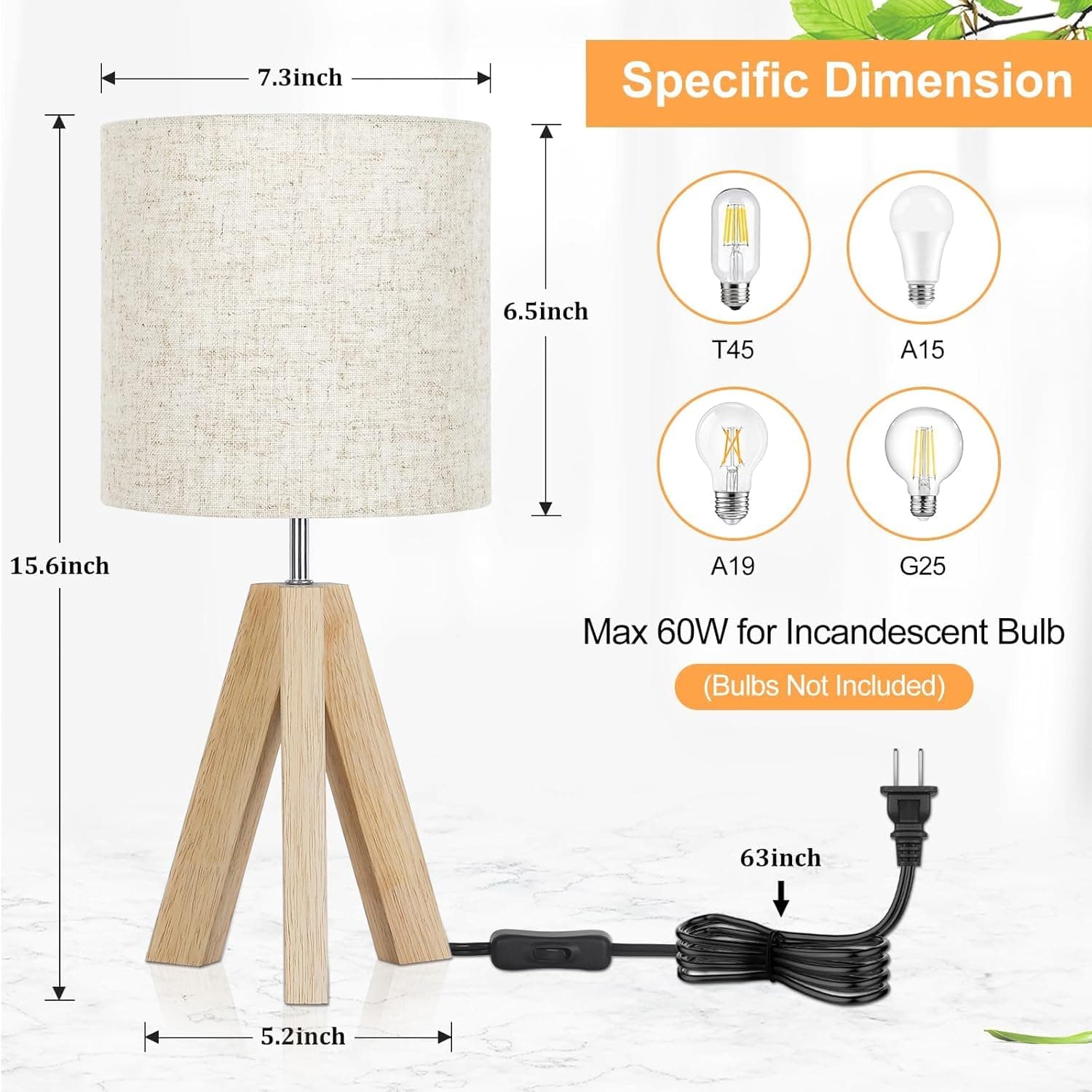 Wooden tripod table lamp shade and socket detail